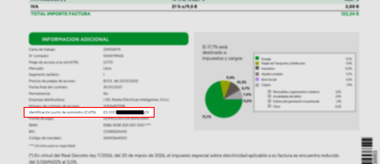 Ejemplo de dónde aparece el código CUPS en una factura eléctrica