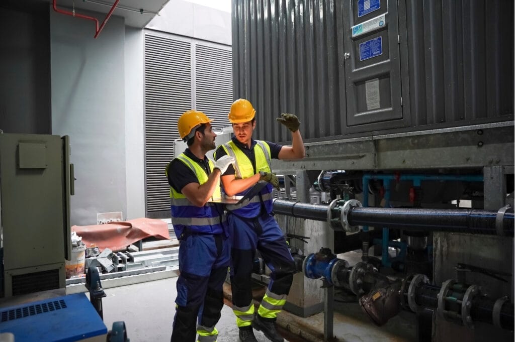 Técnicos con casco en una sala técnica industrial