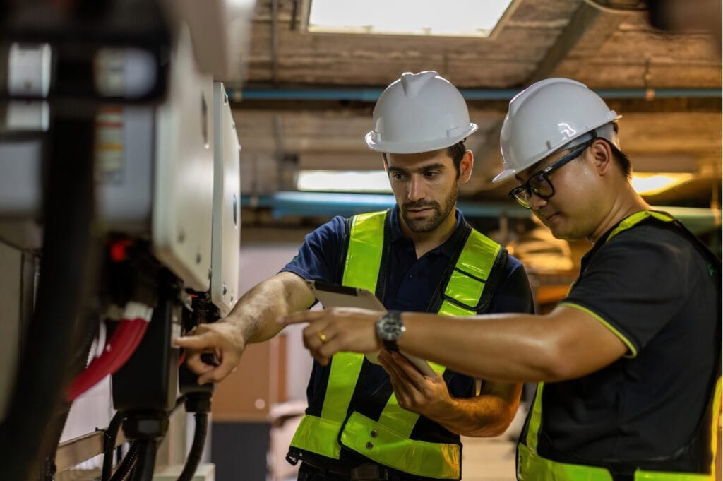 Técnicos revisando una instalación eléctrica antes de la inspección OCA