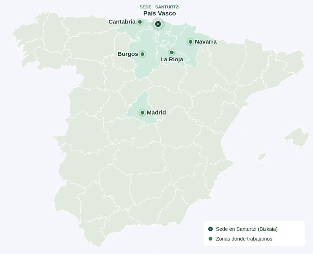 Mapa de las zonas donde trabaja Griddex: País Vasco, Navarra, La Rioja, Cantabria, Burgos y Madrid